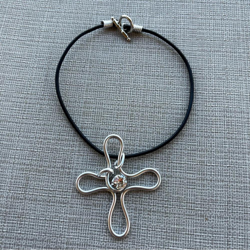 Silver Cross Pendant Necklace with Black Cord